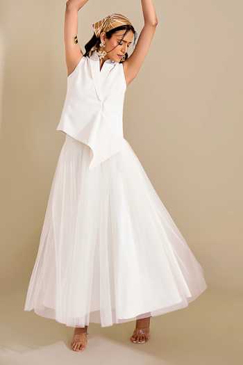 Buy_Naintara Bajaj_Ivory Net Draped Waistband Pleated Skirt _Online_at_Aza_Fashions