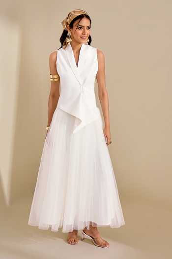 Naintara Bajaj_Ivory Net Draped Waistband Pleated Skirt _Online_at_Aza_Fashions