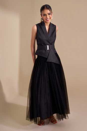 Buy_Naintara Bajaj_Black Net Draped Waistband Flared Skirt _Online_at_Aza_Fashions