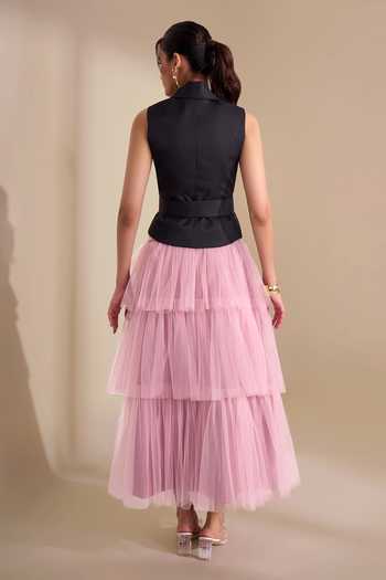 Naintara Bajaj_Pink Net Draped Waistband Layered Skirt _Online_at_Aza_Fashions