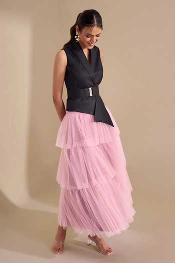 Buy_Naintara Bajaj_Pink Net Draped Waistband Layered Skirt _Online_at_Aza_Fashions