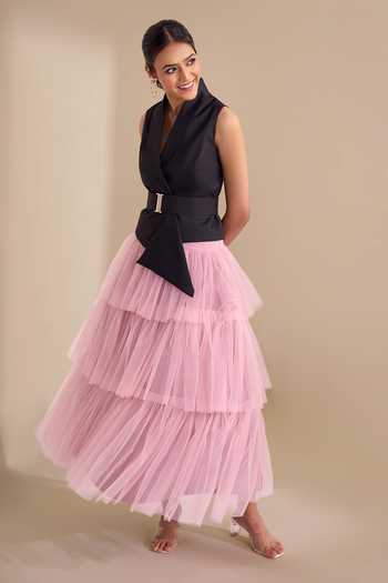 Shop_Naintara Bajaj_Pink Net Draped Waistband Layered Skirt _Online_at_Aza_Fashions