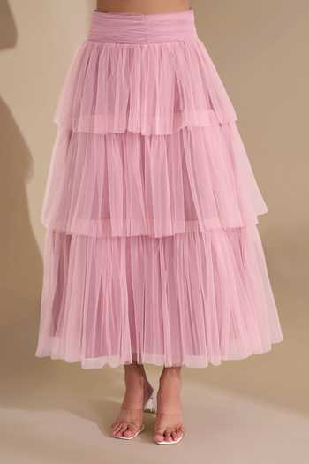 Naintara Bajaj_Pink Net Draped Waistband Layered Skirt _at_Aza_Fashions
