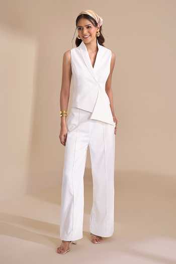 Buy_Naintara Bajaj_Ivory Lycra V-neck Asymmetric Structured Waistcoat _Online_at_Aza_Fashions