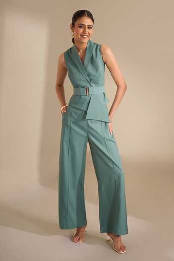 Buy_Naintara Bajaj_Green Lycra Shawl Neck Structured Asymmetric Waistcoat _at_Aza_Fashions