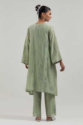 Shop_Kora_Green Silk, Chanderi, Cotton V-neck, Yes Kurta Set _at_Aza_Fashions