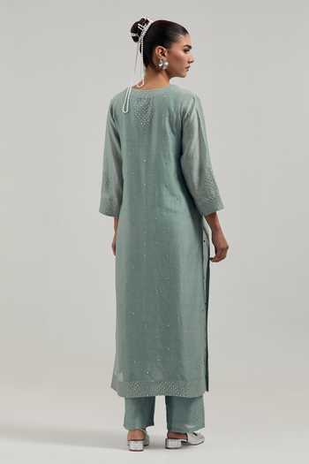 Kora_Green Silk, Chanderi, Cotton Split V-neck Hand Embroidered Kurta And Pant Set _Online_at_Aza_Fashions
