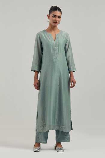 Buy_Kora_Green Silk, Chanderi, Cotton Split V-neck Hand Embroidered Kurta And Pant Set _Online_at_Aza_Fashions