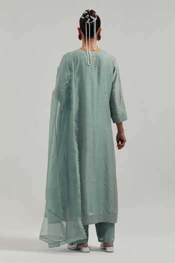 Shop_Kora_Green Silk, Chanderi, Cotton Split V-neck Hand Embroidered Kurta And Pant Set _at_Aza_Fashions