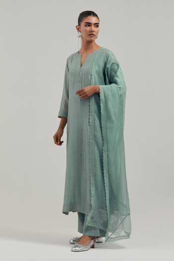 Shop_Kora_Green Silk, Chanderi, Cotton Split V-neck Hand Embroidered Kurta And Pant Set _Online_at_Aza_Fashions