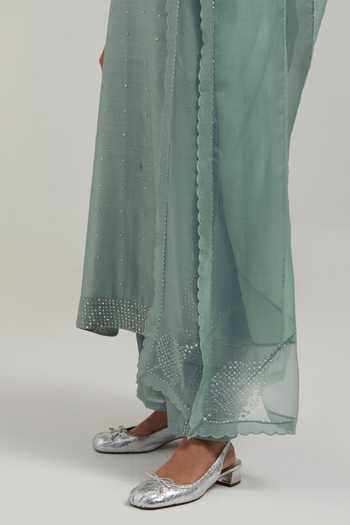 Kora_Green Silk, Chanderi, Cotton Split V-neck Hand Embroidered Kurta And Pant Set _at_Aza_Fashions
