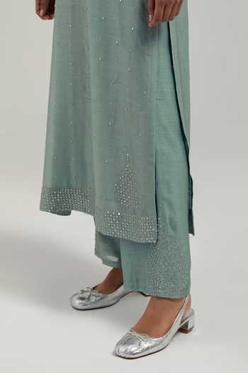 Buy_Kora_Green Silk, Chanderi, Cotton Split V-neck Hand Embroidered Kurta And Pant Set 