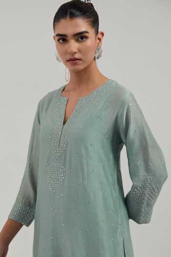 Shop_Kora_Green Silk, Chanderi, Cotton Split V-neck Hand Embroidered Kurta And Pant Set 