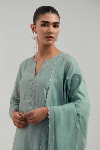 Kora_Green Silk, Chanderi, Cotton Split V-neck Hand Embroidered Kurta And Pant Set _Online