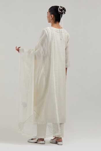 Shop_Kora_Off White Silk, Chanderi, Cotton Round Neck Kurta Set _at_Aza_Fashions