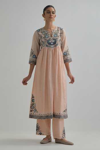 Kora_Pink , Chanderi, Cotton, Organza Split V-neck Embroidered Anarkali Set _Online_at_Aza_Fashions