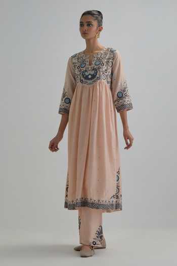 Buy_Kora_Pink , Chanderi, Cotton, Organza Split V-neck Embroidered Anarkali Set _Online_at_Aza_Fashions