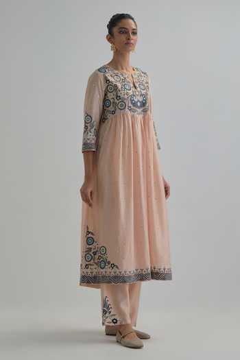 Shop_Kora_Pink , Chanderi, Cotton, Organza Split V-neck Embroidered Anarkali Set _Online_at_Aza_Fashions