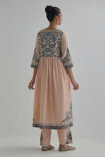 Shop_Kora_Pink , Chanderi, Cotton, Organza Split V-neck Embroidered Anarkali Set _at_Aza_Fashions