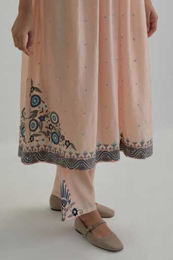 Kora_Pink , Chanderi, Cotton, Organza Split V-neck Embroidered Anarkali Set _at_Aza_Fashions