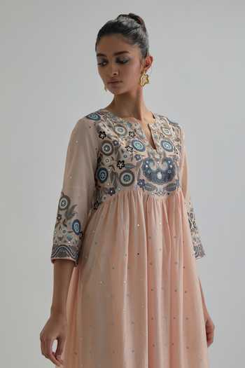 Buy_Kora_Pink , Chanderi, Cotton, Organza Split V-neck Embroidered Anarkali Set 