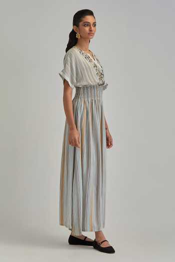 Kora_Off White Modal Split V-neck Striped Maxi Dress _Online_at_Aza_Fashions
