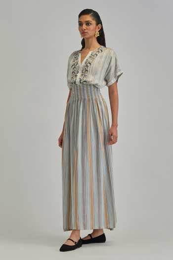 Buy_Kora_Off White Modal Split V-neck Striped Maxi Dress _Online_at_Aza_Fashions