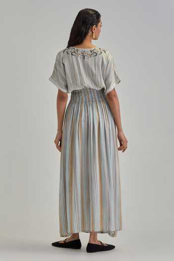 Shop_Kora_Off White Modal Split V-neck Striped Maxi Dress _at_Aza_Fashions