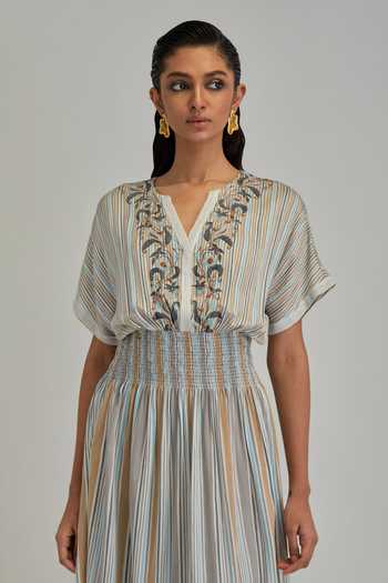 Shop_Kora_Off White Modal Split V-neck Striped Maxi Dress _Online_at_Aza_Fashions