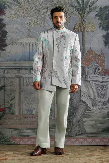 Buy_Asuka_Blue Linen Embroidery Bandhgala And Trouser Set _at_Aza_Fashions