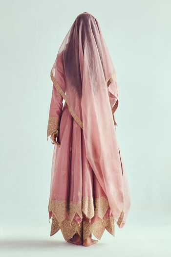 Shop_Wabi Sabi By Anshum-Ritesh_Pink Chanderi Sequins, Beads V-neck Woven Anarkali Set With Dupatta _at_Aza_Fashions