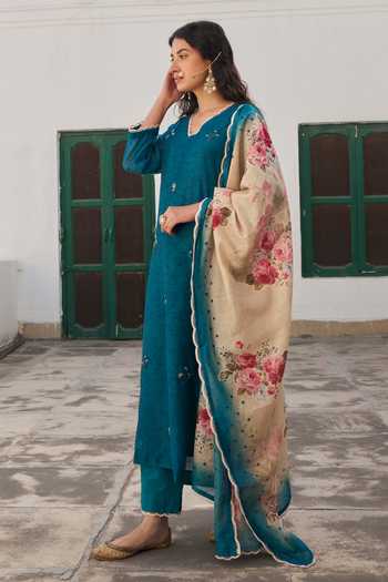 Buy_Karaj Jaipur_Teal Cotton, Chanderi V-neck Embroidered Kurta Set _Online_at_Aza_Fashions