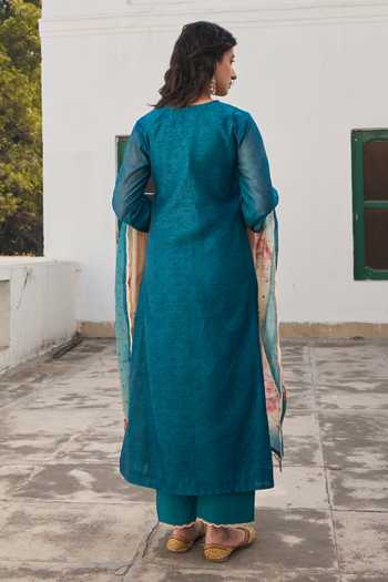Shop_Karaj Jaipur_Teal Cotton, Chanderi V-neck Embroidered Kurta Set _at_Aza_Fashions