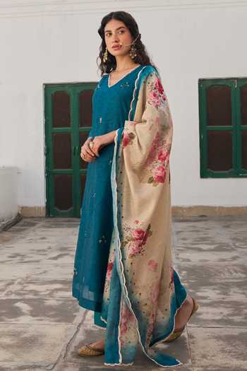 Shop_Karaj Jaipur_Teal Cotton, Chanderi V-neck Embroidered Kurta Set _Online_at_Aza_Fashions