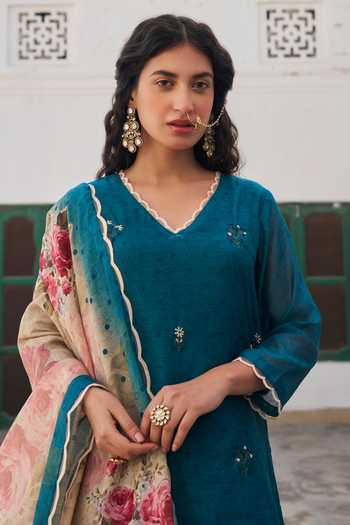 Karaj Jaipur_Teal Cotton, Chanderi V-neck Embroidered Kurta Set _at_Aza_Fashions