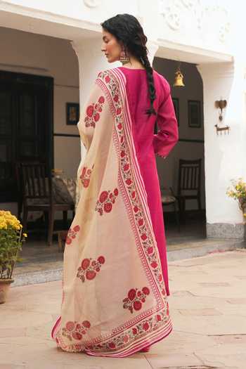 Shop_Karaj Jaipur_Pink Chanderi, Cotton V-neck Rani Embroidered Kurta Set _at_Aza_Fashions