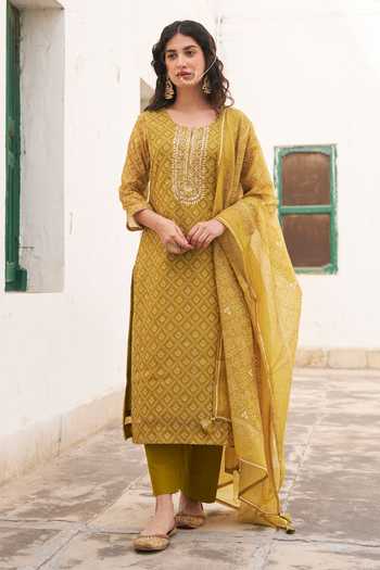 Buy_Karaj Jaipur_Mustard Chanderi, Cotton Round Neck Printed Kurta Set _at_Aza_Fashions
