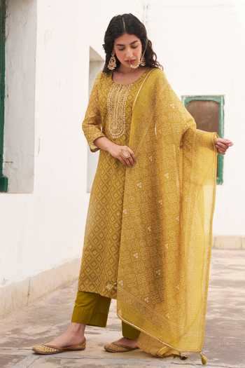 Shop_Karaj Jaipur_Mustard Chanderi, Cotton Round Neck Printed Kurta Set _at_Aza_Fashions