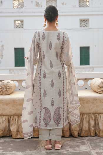 Shop_Karaj Jaipur_Grey Linen, Cotton Split V-neck, Yes Floral Print Kurta Set _at_Aza_Fashions
