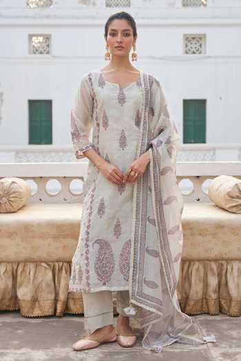 Buy_Karaj Jaipur_Grey Linen, Cotton Split V-neck, Yes Floral Print Kurta Set _at_Aza_Fashions