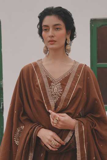 Karaj Jaipur_Brown Chanderi V-neck Placement Embroidered Kurta Set _at_Aza_Fashions