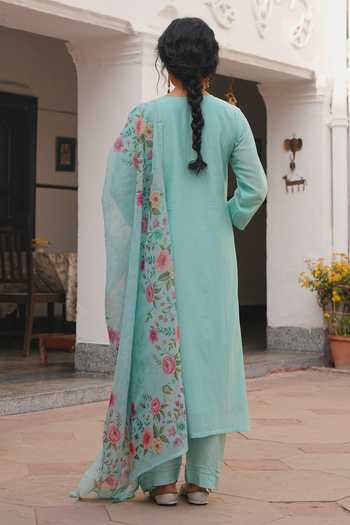 Shop_Karaj Jaipur_Mint Cotton, Chanderi, Shantoon Round Neck Aqua Mul Kurta Set _at_Aza_Fashions