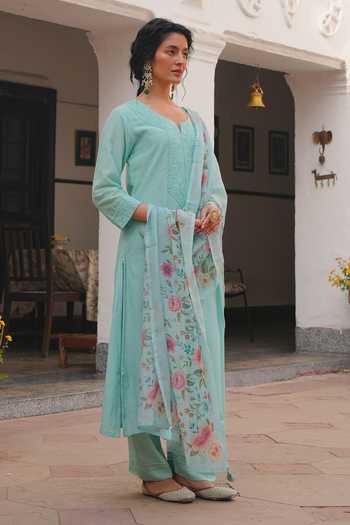 Karaj Jaipur_Mint Cotton, Chanderi, Shantoon Round Neck Aqua Mul Kurta Set _Online_at_Aza_Fashions