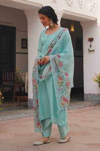 Buy_Karaj Jaipur_Mint Cotton, Chanderi, Shantoon Round Neck Aqua Mul Kurta Set _Online_at_Aza_Fashions