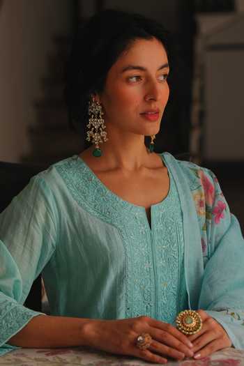Shop_Karaj Jaipur_Mint Cotton, Chanderi, Shantoon Round Neck Aqua Mul Kurta Set _Online_at_Aza_Fashions