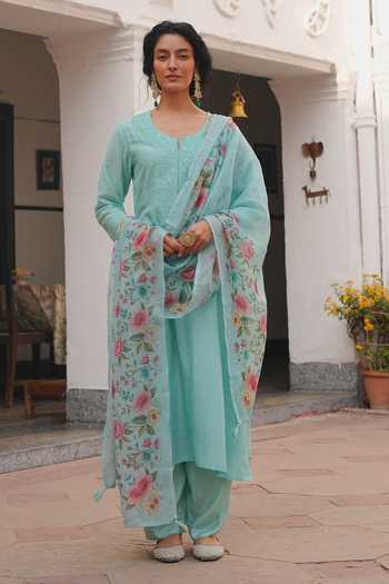 Karaj Jaipur_Mint Cotton, Chanderi, Shantoon Round Neck Aqua Mul Kurta Set _at_Aza_Fashions