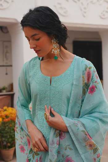 Buy_Karaj Jaipur_Mint Cotton, Chanderi, Shantoon Round Neck Aqua Mul Kurta Set 