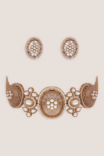 Shop_Zevar By Geeta_White Kundan Polki Choker And Earrings Set _at_Aza_Fashions