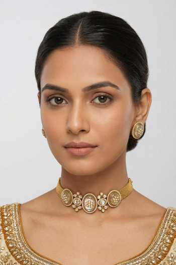 Buy_Zevar By Geeta_White Kundan Polki Choker And Earrings Set _at_Aza_Fashions