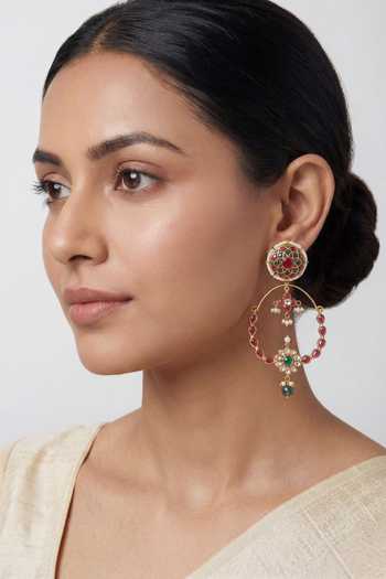 Buy_Zevar By Geeta_Multi Color Kundan Polki Chandbali Earrings _at_Aza_Fashions